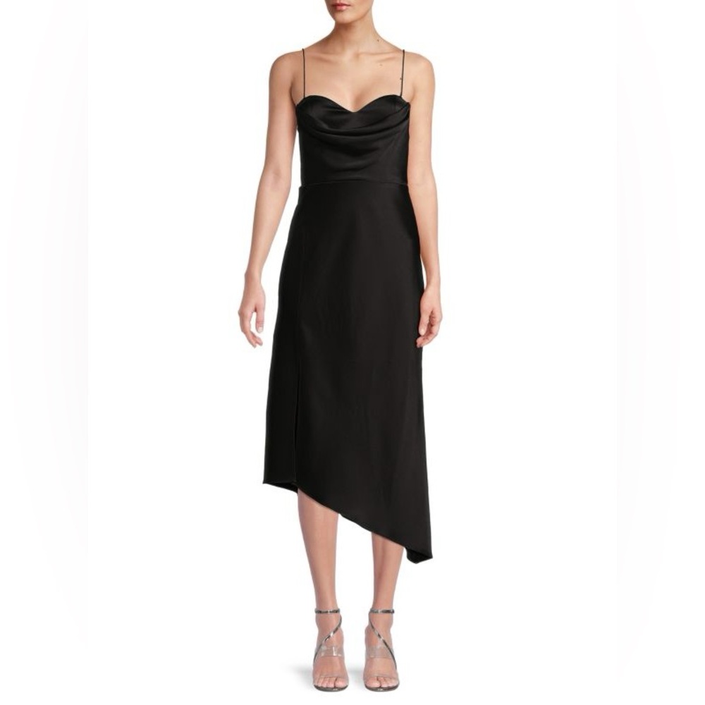 Alice + Olivia Kiyoko Asymmetric Satin Midi Dress | Black | Size 4